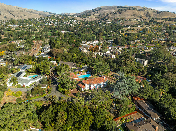 Aerial real estate photography of a historic luxury home in San Jose California